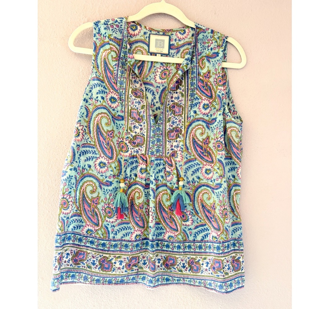 Bell by Alicia Bell Large Blue‎ Paisley Silk Cotton Sleeveless Tassel Top Boho L